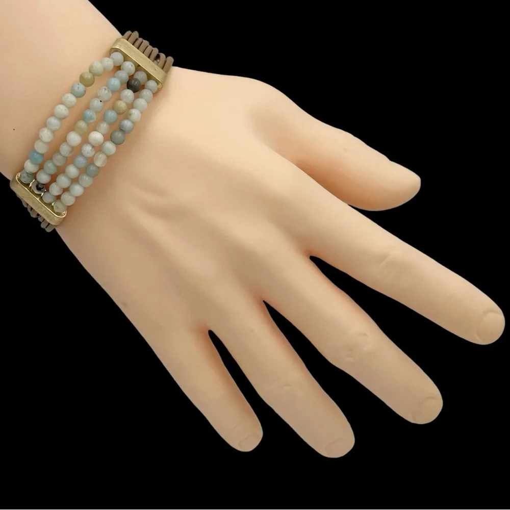 Amazonite Stone & Brown Leather Cord Strap Bracelet